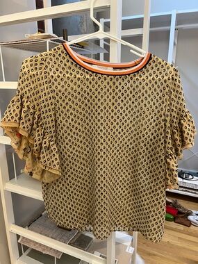 Scotch & Soda Yellow Printed Ruffle Sleeve Top with Orange Trim